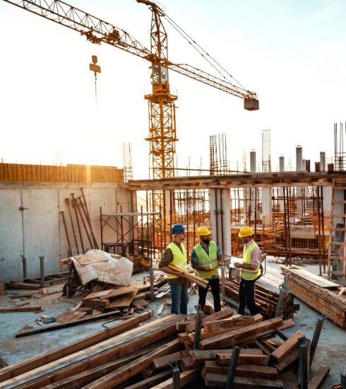 Drei Männer besprechen sich auf einer Baustelle. Symbolbild für Pengueen als digitale Plattform für Handwerks-Betriebe
