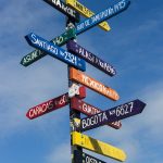 Schilder an einem Pfahl weisen an viele verschiedene Orte weltweit